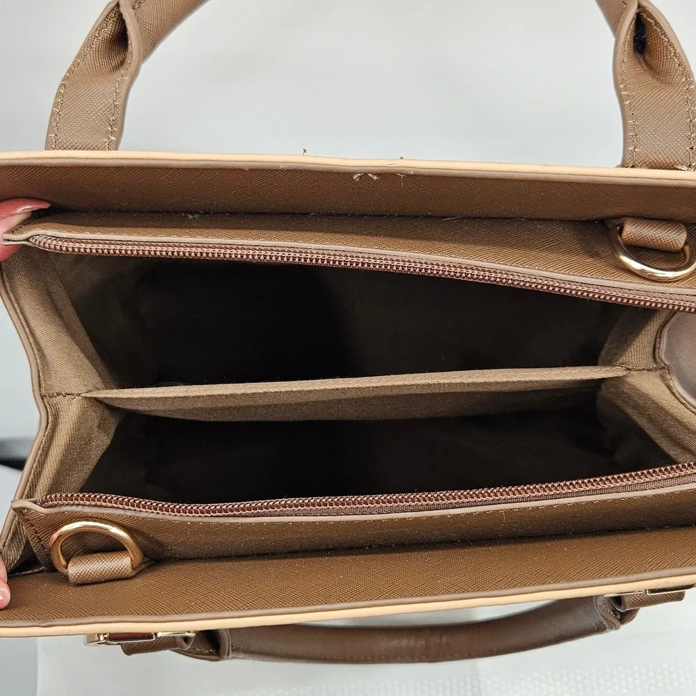 Crossi Brown Tan Geometric Lattice Satchel Double‎ Compartment Crossbody Bag